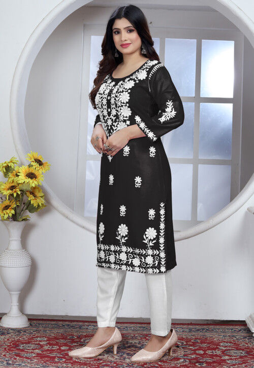 Chikankari Rayon Straight Kurta Set in Black