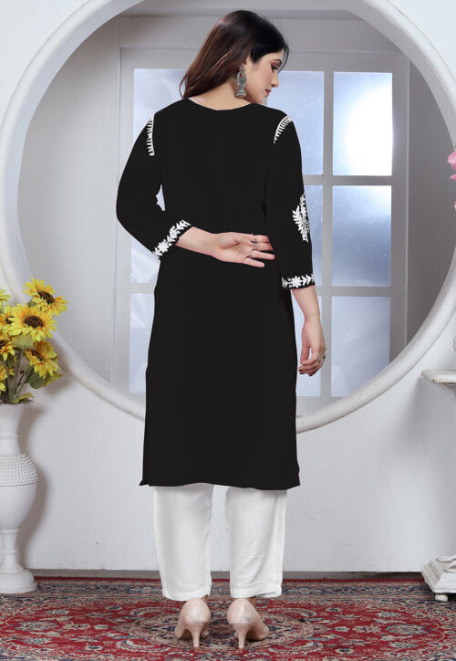 Chikankari Rayon Straight Kurta Set in Black