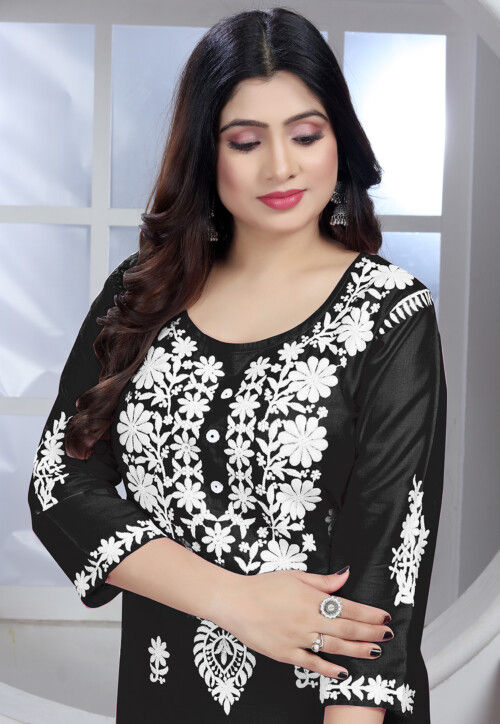 Chikankari Rayon Straight Kurta Set in Black