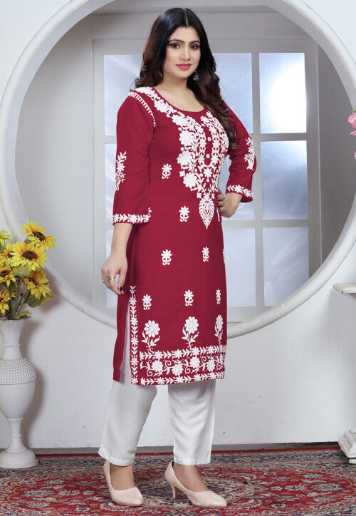 Chikankari Rayon Straight Kurta Set in Maroon