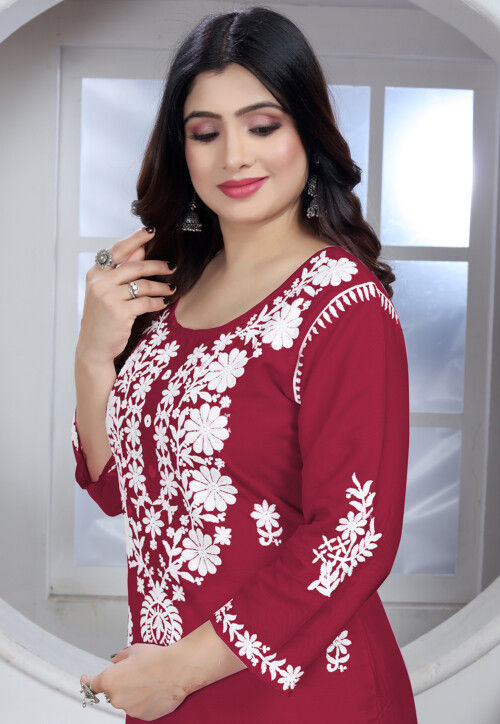 Chikankari Rayon Straight Kurta Set in Maroon