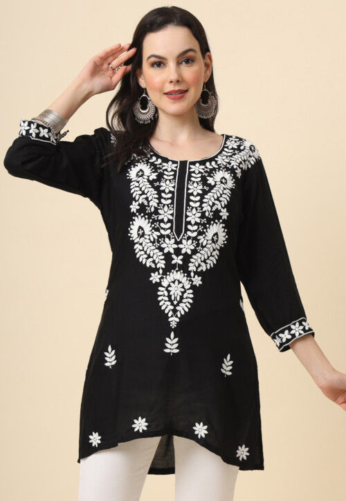 Buy Chikankari Rayon Straight Kurti in Black Online : TPA3420 - Utsav  Fashion