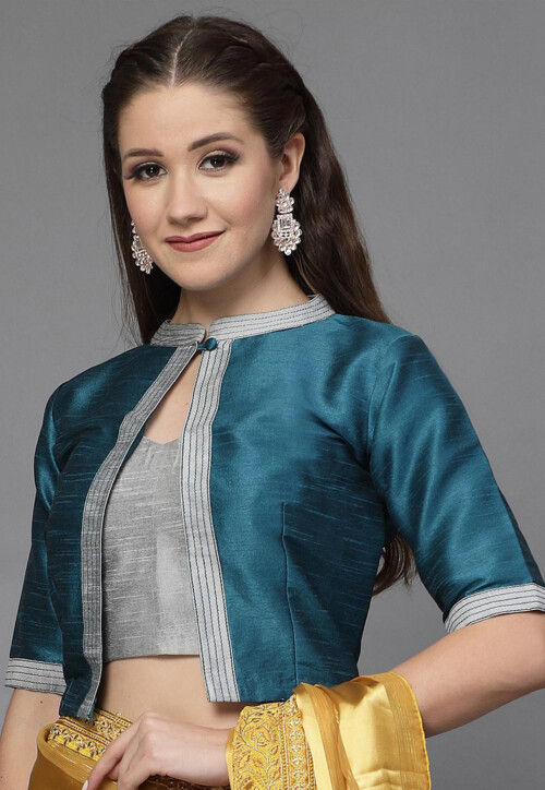 Color Block Art Silk Blouse in Teal Blue and Grey