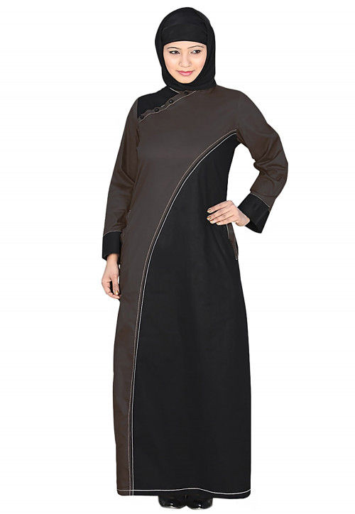 Color Block Cotton Abaya with Hijab in Black and Brown