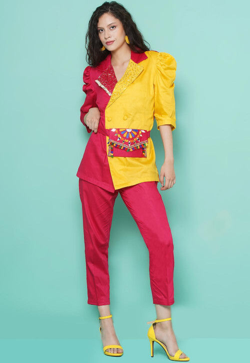 Color Block Cotton Silk Co - Ord Set in Coral Pink and Yellow