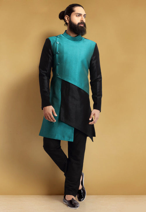 Blue Silk Jodhpuri Kurta Set in Raw Silk with French Knot...