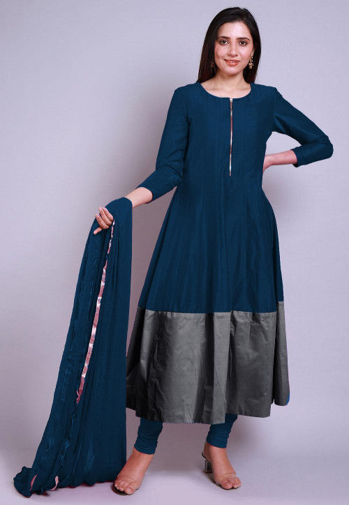 Color Blocked Cotton Silk Anarkali Suit in Blue and Grey