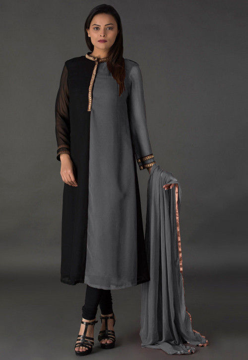 Buy Color Blocked Georgette Straight Suit in Black and Grey Online : KUX475  - Utsav Fashion