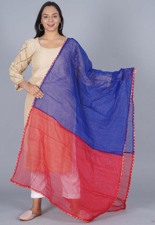 Color Blocked Jute Net Dupatta in Red and Blue