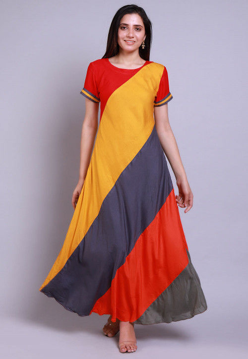 Color Blocked Rayon A Line Kurta in Multicolor