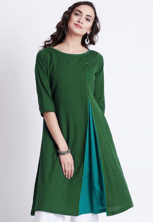 Color Blocked Rayon Kurti in Dark Green and Turquoise