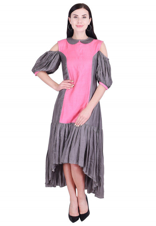 Color Blocked Art Silk Asymmetric Tunic in Pink and Grey