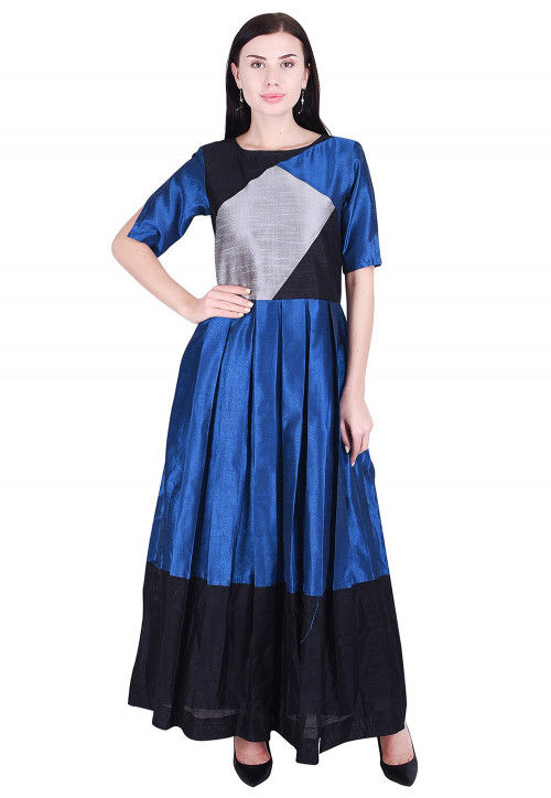 Color Blocked Dupion Silk Pleated Dress in Blue and Black