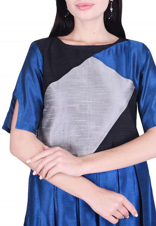 Color Blocked Dupion Silk Pleated Dress in Blue and Black