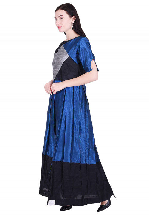Color Blocked Dupion Silk Pleated Dress in Blue and Black