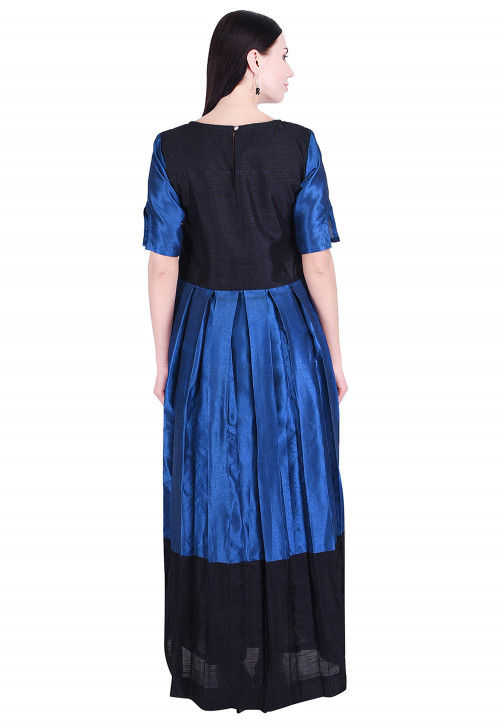Color Blocked Dupion Silk Pleated Dress in Blue and Black