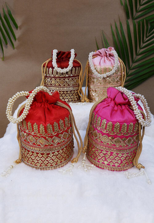 Combo Hand Embroidered Art Silk Potli Bag in Red and Pink