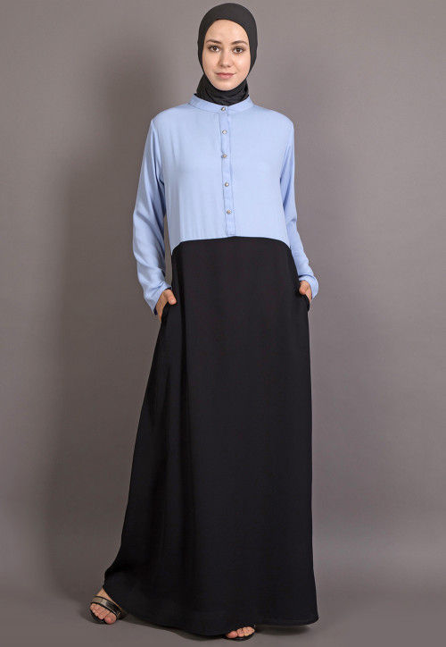 Contast Bodice Nida Abaya in Sky Blue and Black