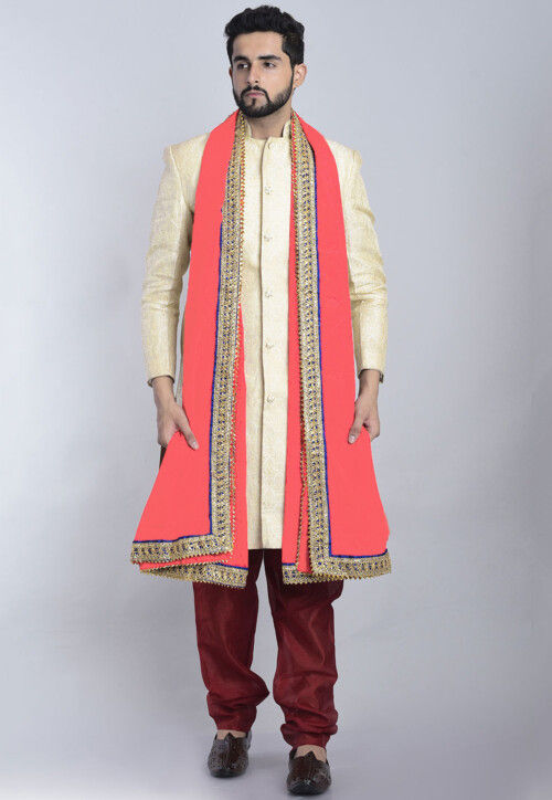 Contrast Border Art Chinon Crepe Dupatta in Coral Peach