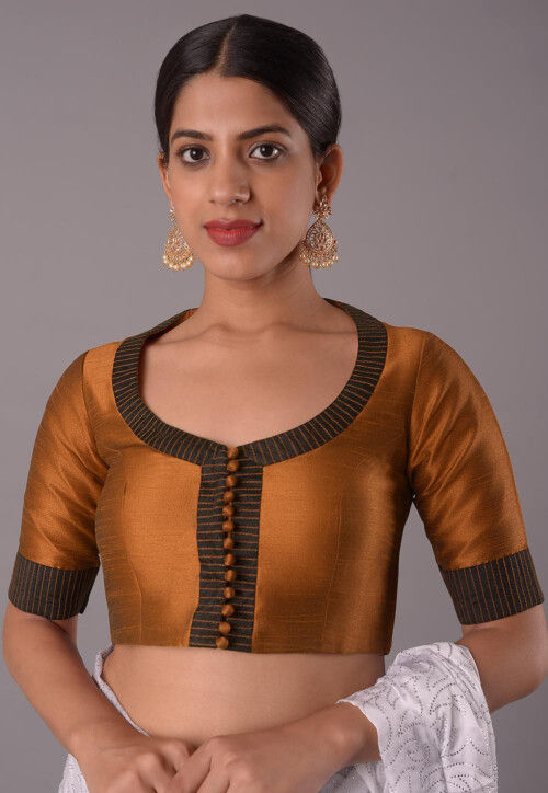 Contrast Border Art Silk Blouse in Brown