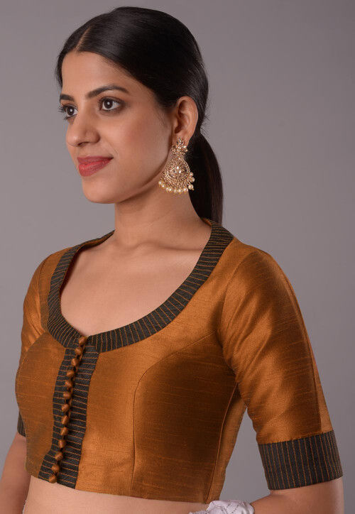 Contrast Border Art Silk Blouse in Brown