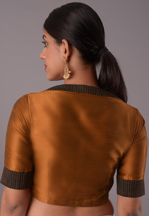 Contrast Border Art Silk Blouse in Brown