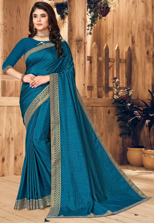 Navy Blue & Peacock blue Embroidered Georgette Saree