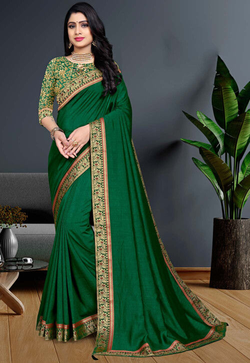 Buy Dark Green color soft lichi silk saree at fealdeal.com