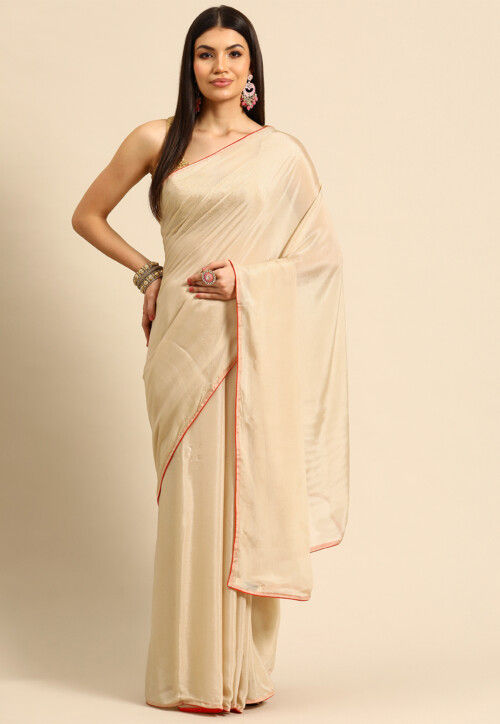 Contrast Border Chinon Chiffon Saree in Beige