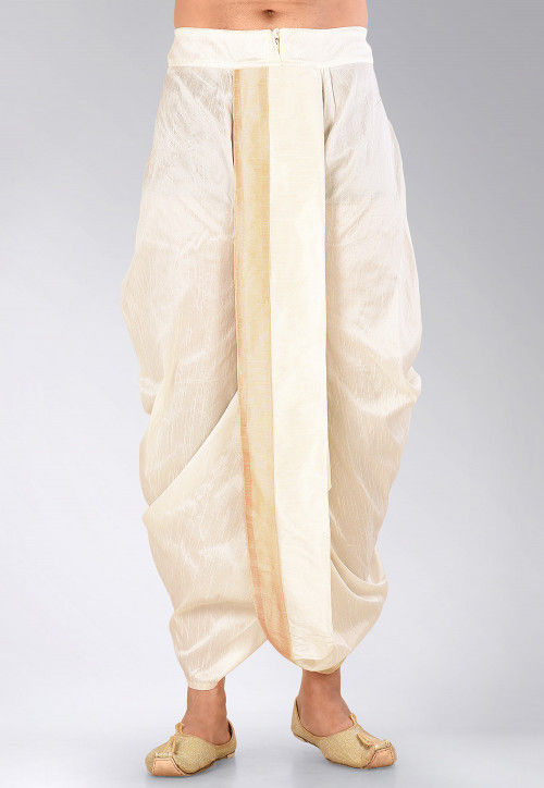 Contrast Border Dupion Silk Dhoti Pant in Cream