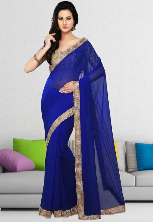Navy Blue Silk Saree with Contrast Blouse