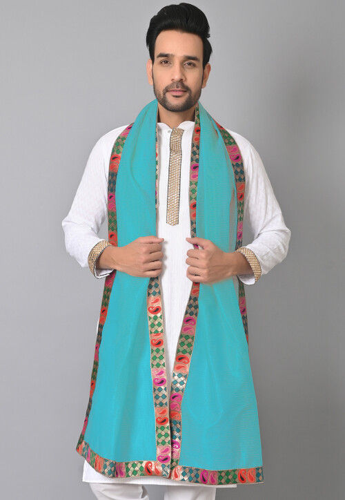 Contrast Border Pure Kota Tissue Men Dupatta in Turquoise