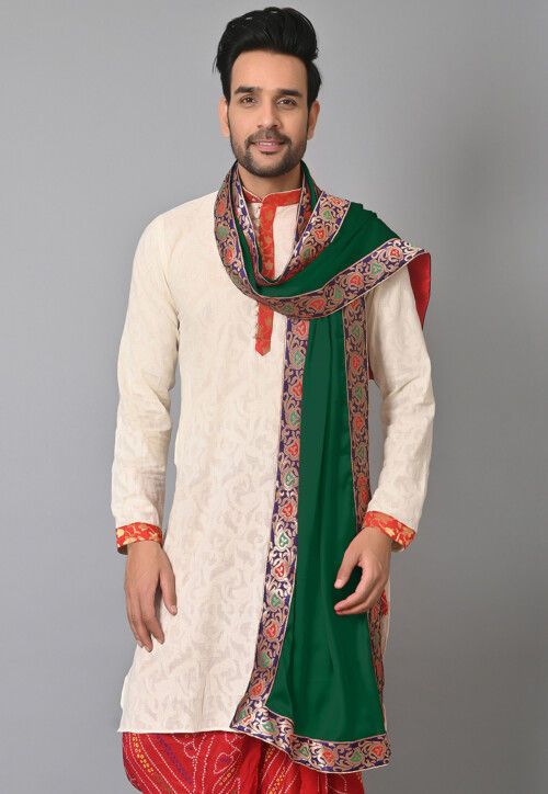 Contrast Border Satin Mens Dupatta in Dark Green