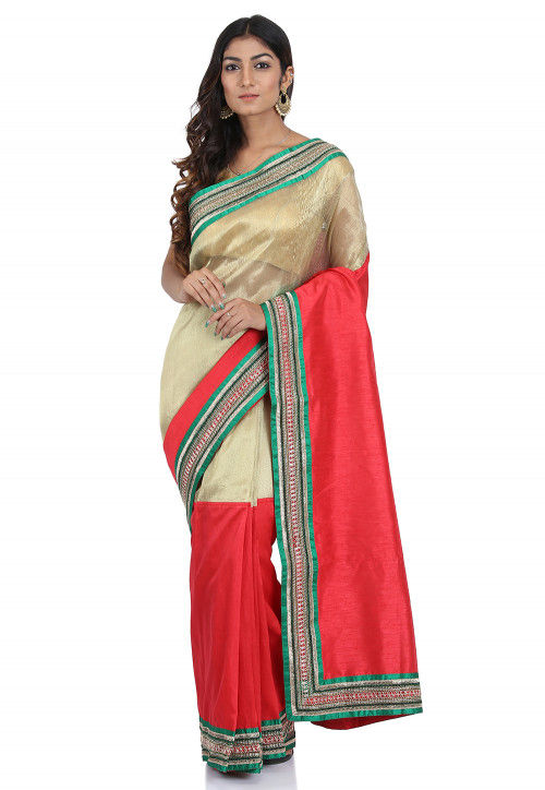 Contrast Border Tissue Saree in Beige and Red