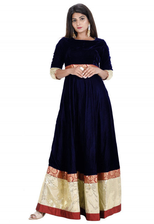 Contrast Border Velvet Flared Gown in Navy Blue TUC1629