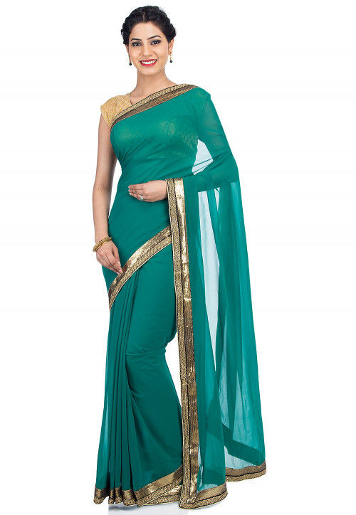 Green plain silk saree with blouse - Lilots - 4106605