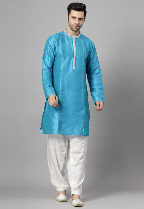 Contrast Collar Art Silk Kurta Set in Sky Blue