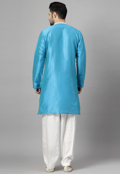 Contrast Collar Art Silk Kurta Set in Sky Blue