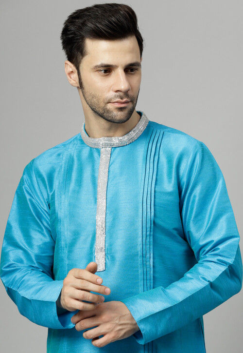 Contrast Collar Art Silk Kurta Set in Sky Blue