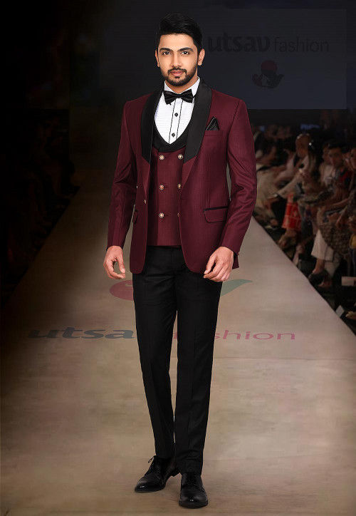 Buy Contrast Collar Polyester Three piece Tuxedo Set in Maroon Online MTX1012 Utsav Fashion