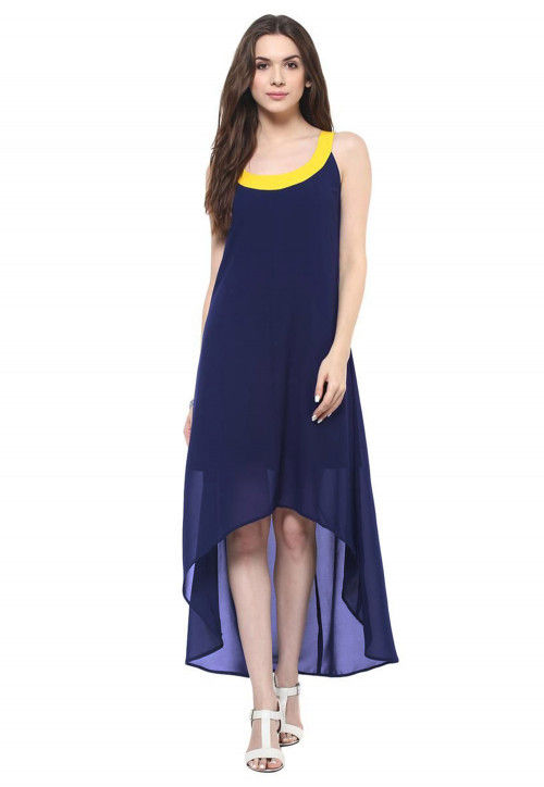 Contrast Neckline Georgette Dress in Navy Blue TVE868