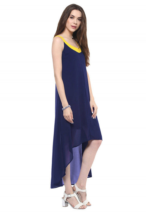 Contrast Neckline Georgette Dress in Navy Blue : TVE868