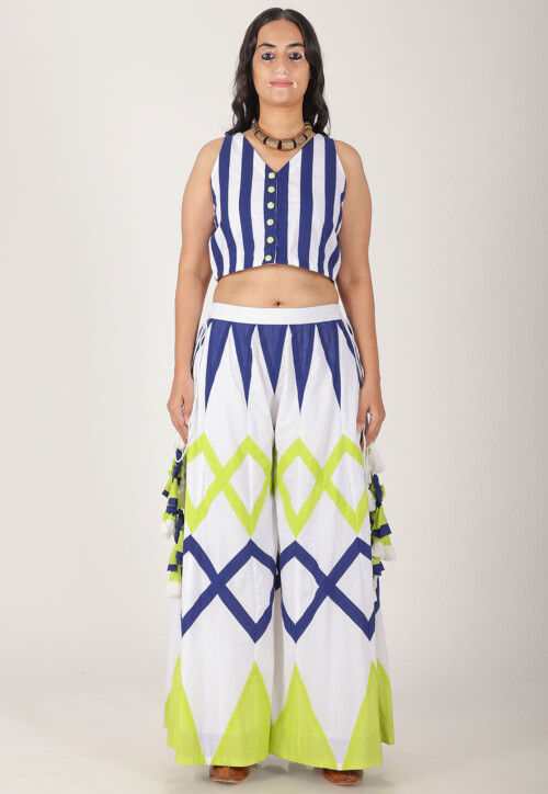 Contrast Pure Cotton Crop Top Set in White and Blue