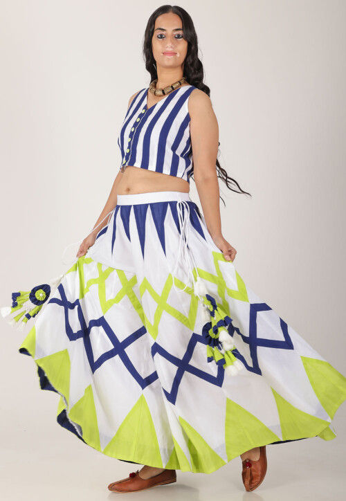 Contrast Pure Cotton Crop Top Set in White and Blue