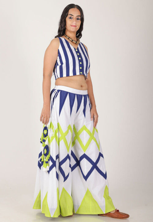 Contrast Pure Cotton Crop Top Set in White and Blue