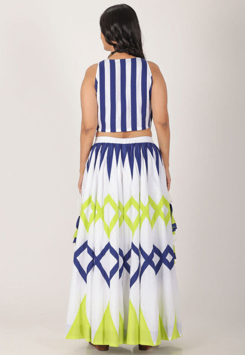 Contrast Pure Cotton Crop Top Set in White and Blue