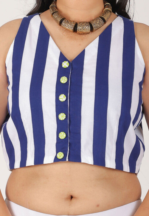 Contrast Pure Cotton Crop Top Set in White and Blue