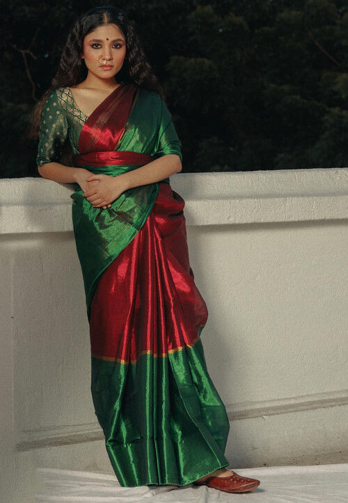 Contrast Tissue Saree in Red and Green