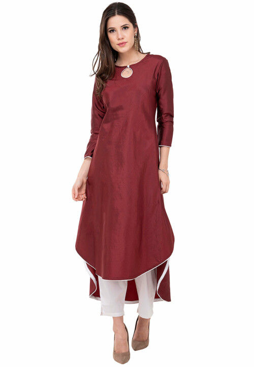 Contrast Trim Art Silk Asymmetric Kurta in Maroon