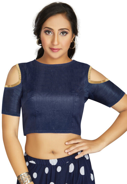 Buy Contrast Trim Art Silk Blouse in Navy Blue Online UAL183